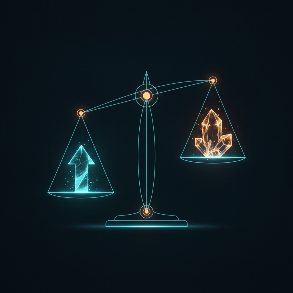 Illustrated glowing balance scale weighing leverage advantages against leverage risks
