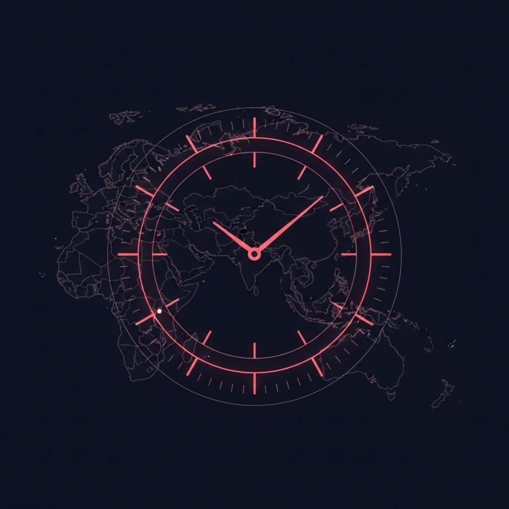 Glowing clock over Asia-Pacific map outline in navy and red tones
