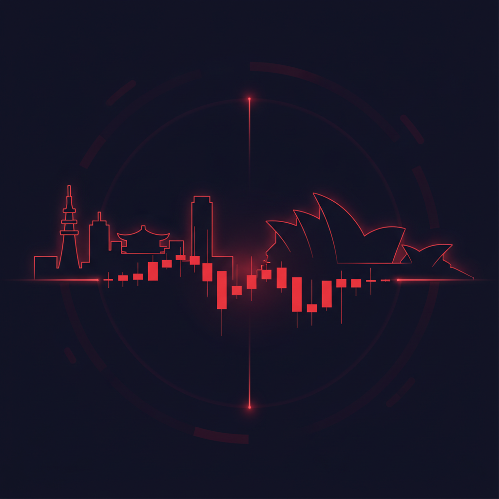Illustrated Tokyo and Sydney skyline silhouettes with glowing forex trading chart overlay