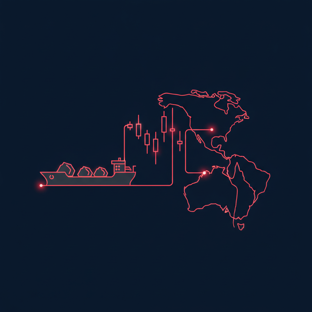 Glowing forex chart connecting Australia and the United States with commodity icons