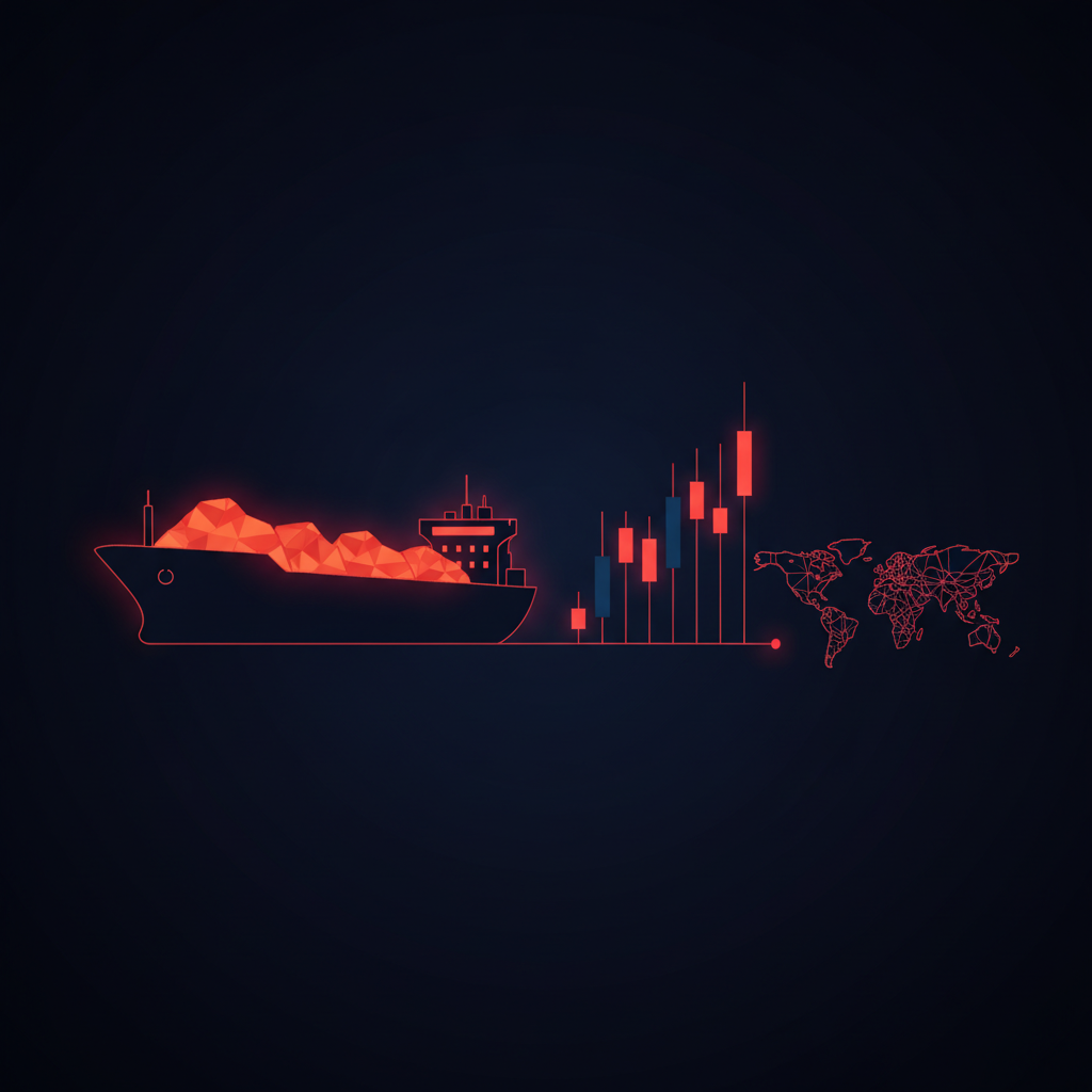 Illustrated commodity cargo ship connected by a glowing forex chart line to Australia and the United States