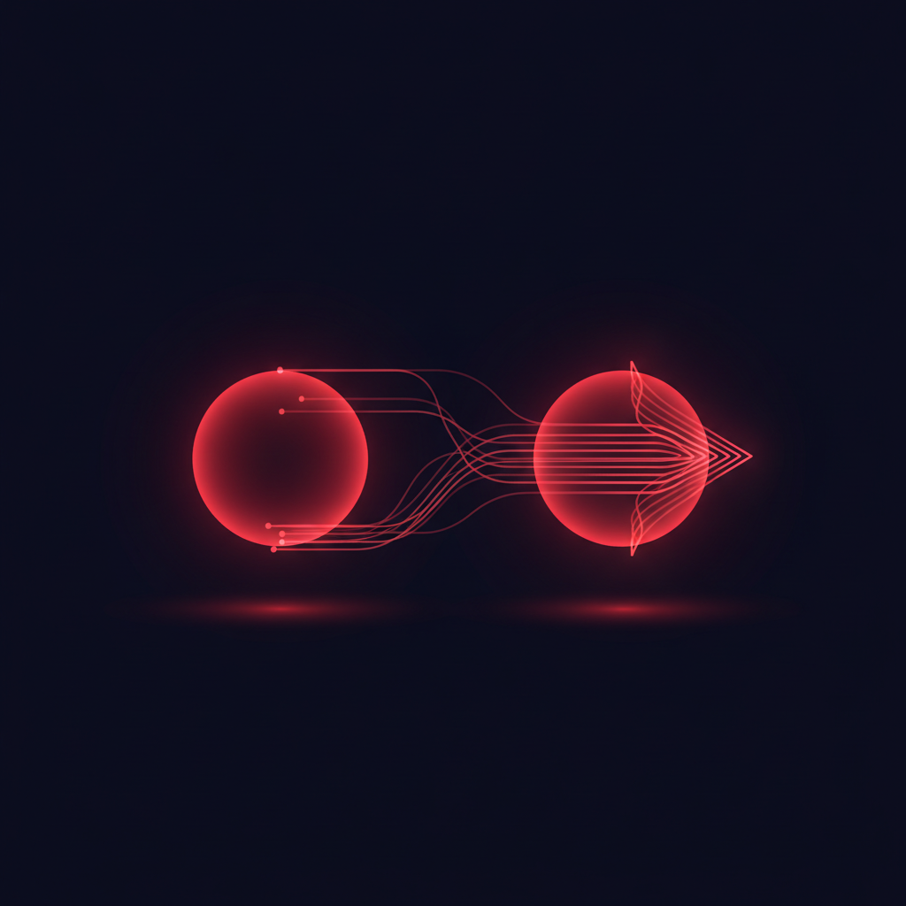 Two glowing currency orbs linked by a directional arrow in navy and red tones