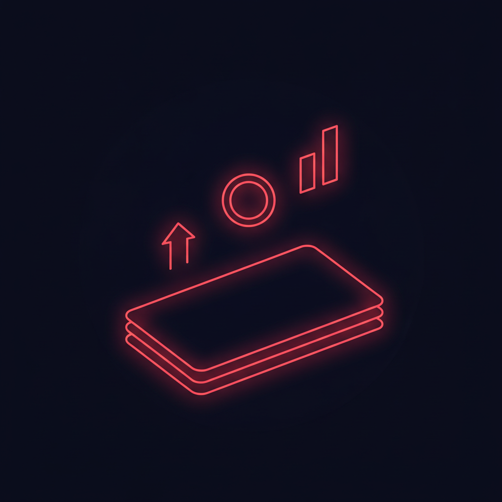 Glowing stacked index cards with financial icons in navy and red tones