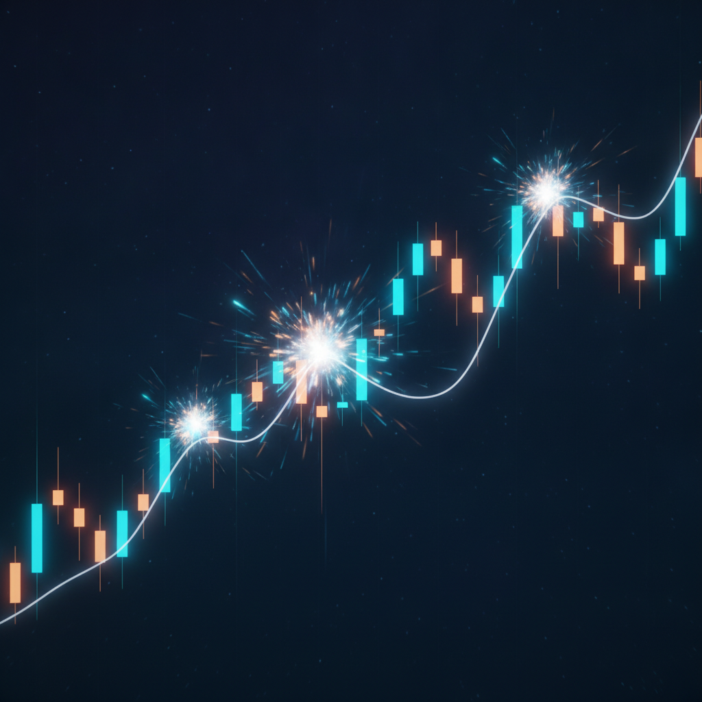 Illustrated glowing intraday forex chart with multiple candlestick bursts representing day trading activity