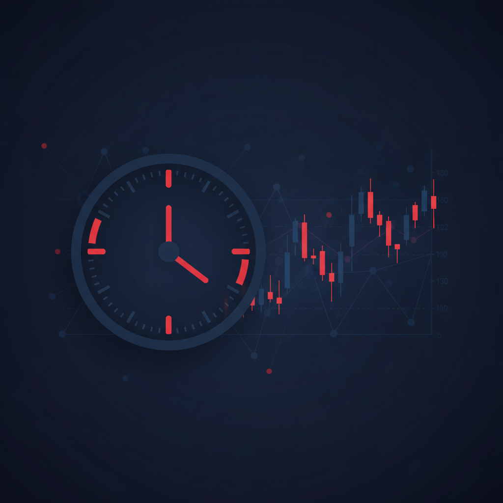 Clock overlapping with forex candlestick chart in navy and red tones