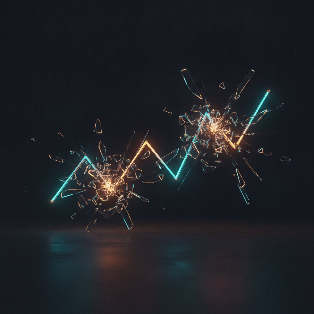 Illustrated glowing forex chart line with cracked warning markers highlighting common trading mistakes
