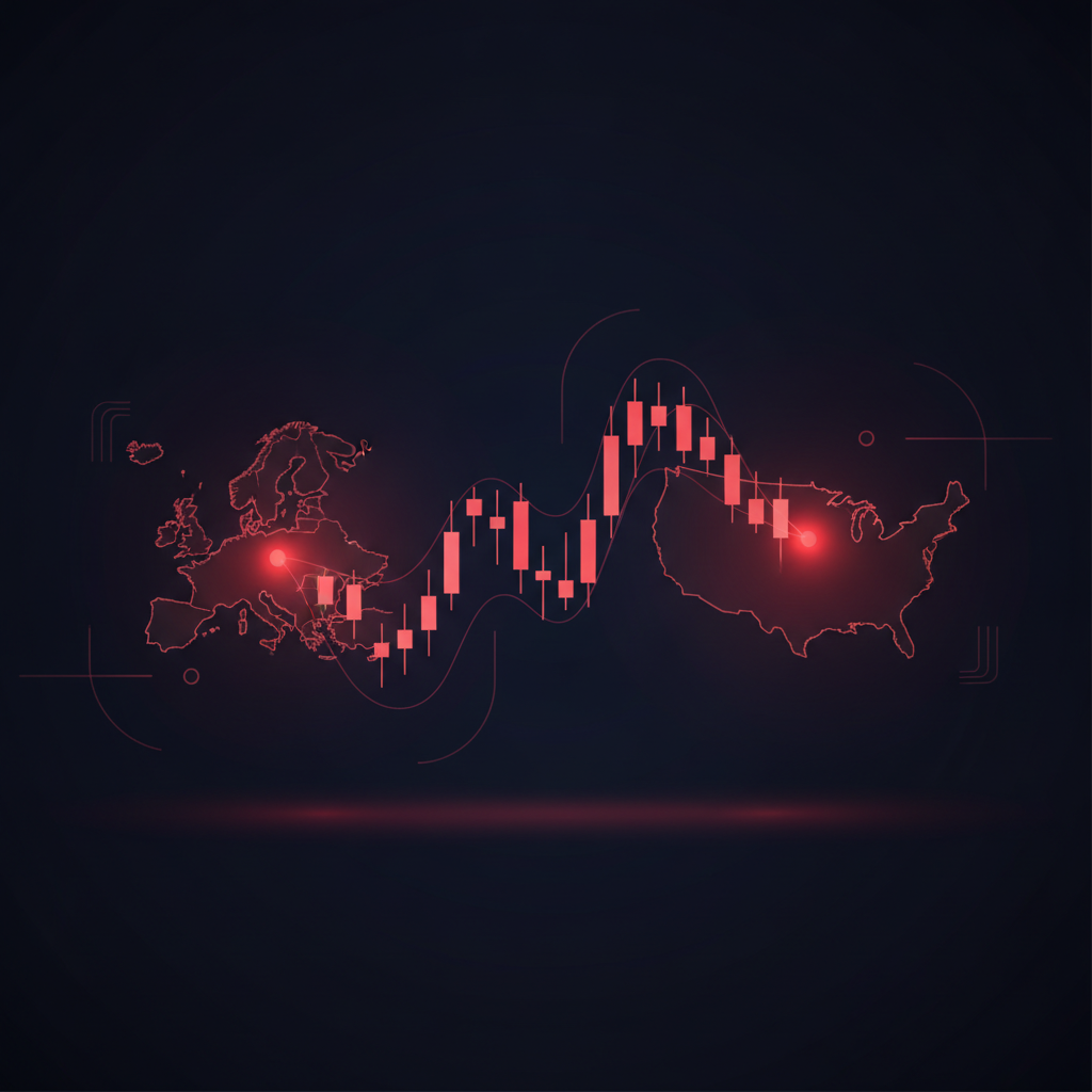 Illustrated glowing candlestick chart with European and American abstract map outlines