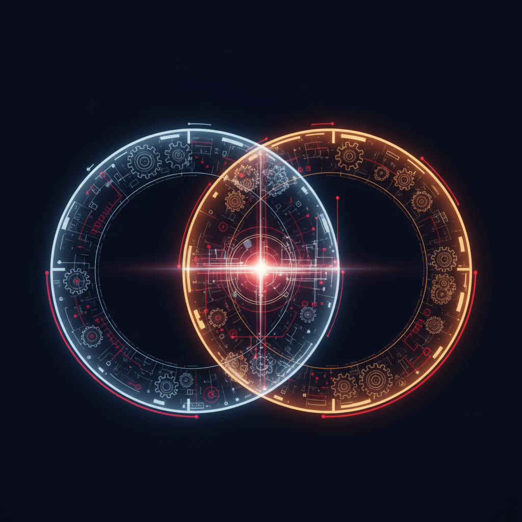 Two overlapping glowing clock circles forming a Venn diagram in navy and red tones
