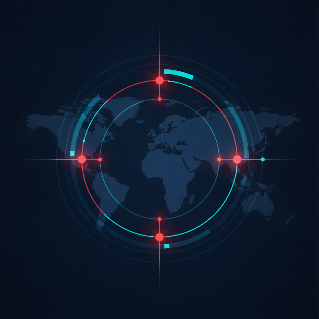 Two glowing circular time zone rings intersecting over a world map