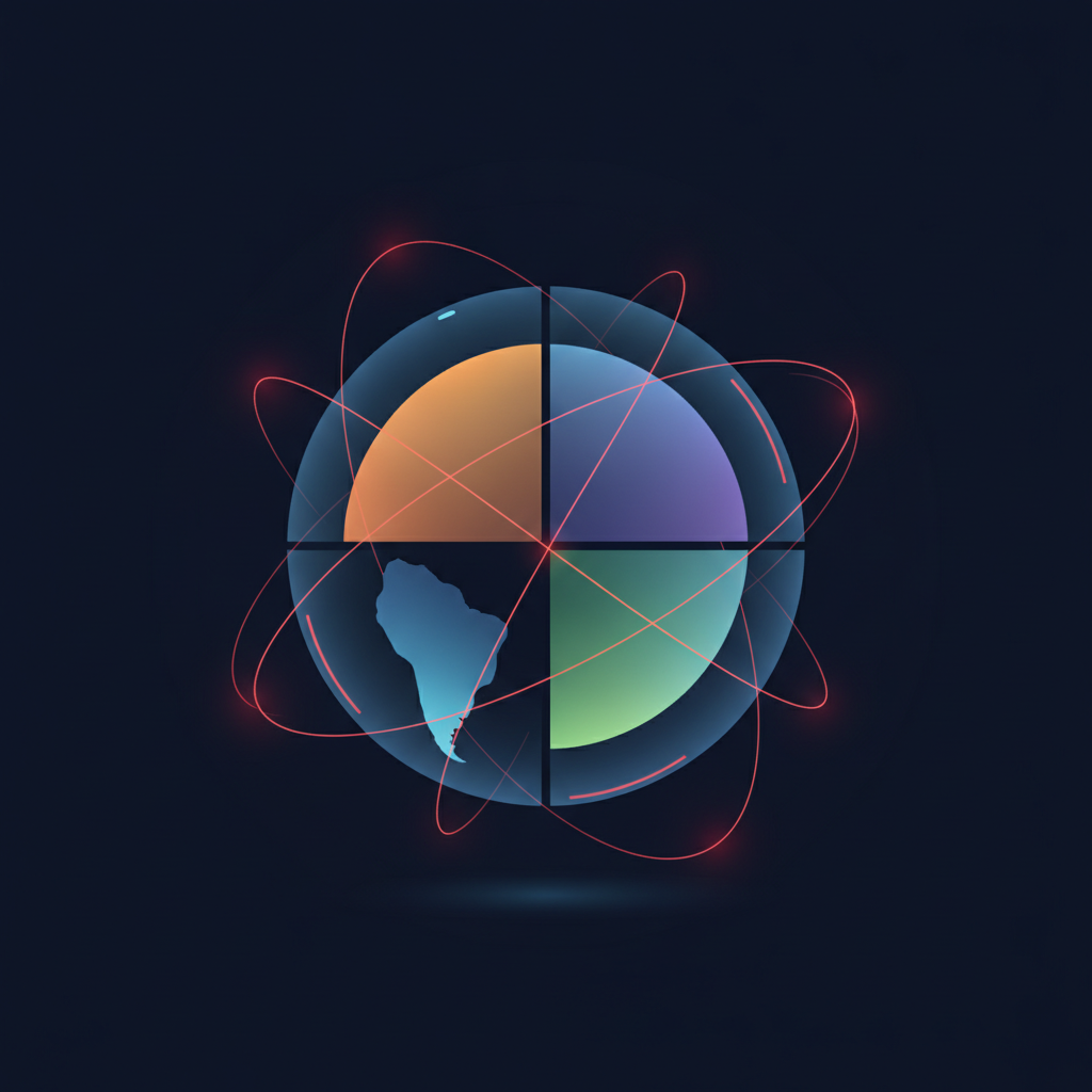 Globe divided into four glowing trading session zones in navy and red tones