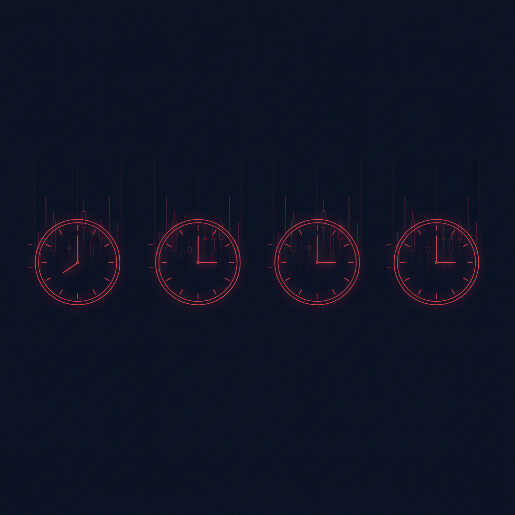 Four illustrated clock faces representing Sydney, Tokyo, London, and New York trading sessions