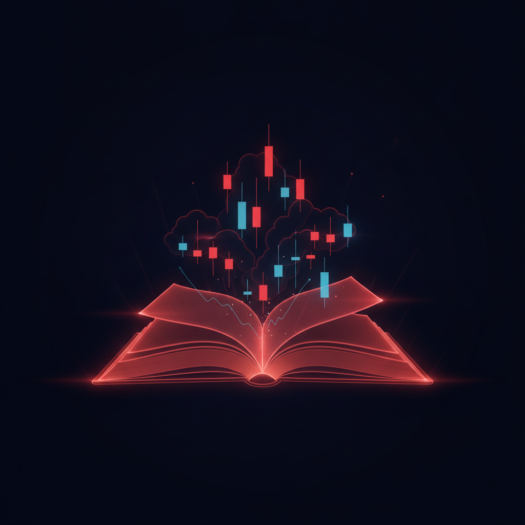 Glowing dictionary page with forex chart icons in navy and red tones