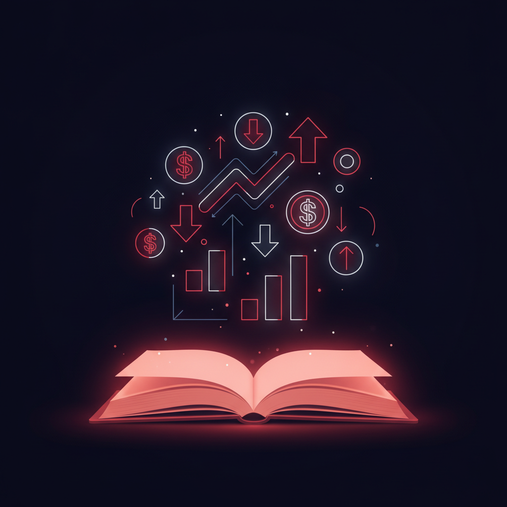 Illustrated open book with glowing forex trading symbols and chart icons