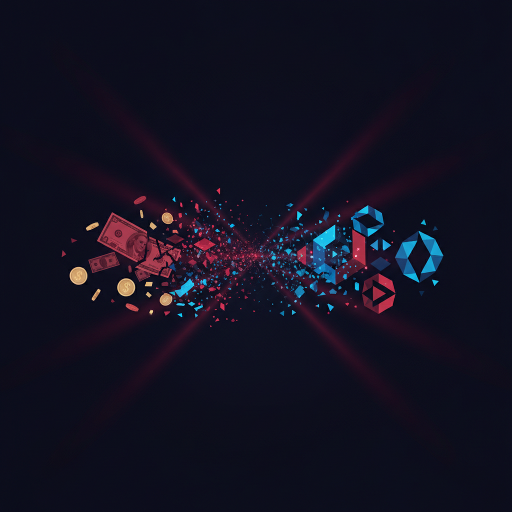 Traditional currency transforming into digital blockchain crypto particles