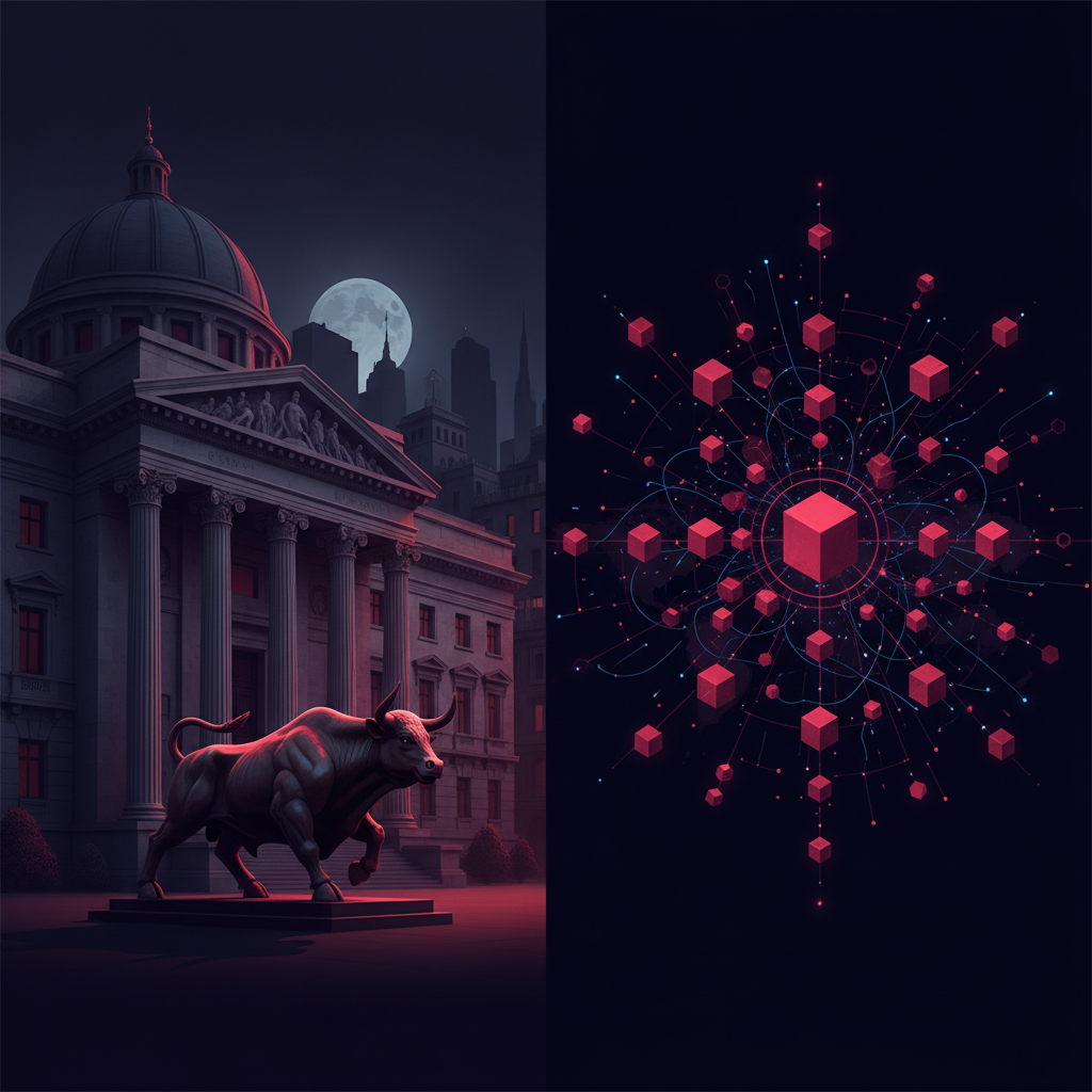 Split comparison between a stock exchange building and a decentralized global currency network