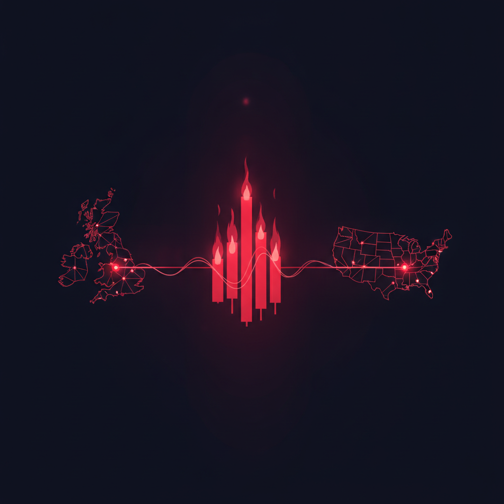Illustrated glowing candlestick chart connecting British and American abstract map outlines