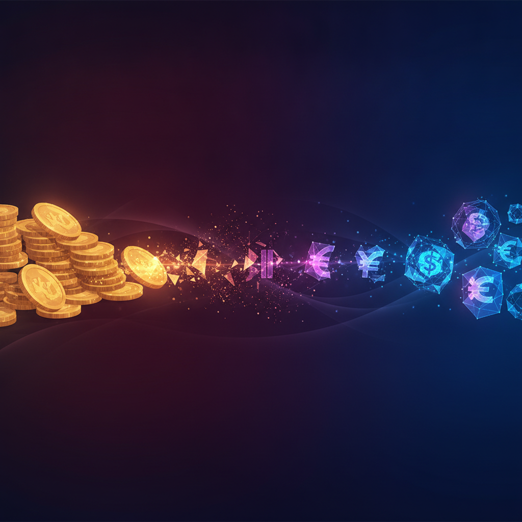 Antique gold coins transforming into modern digital currency symbols representing forex history