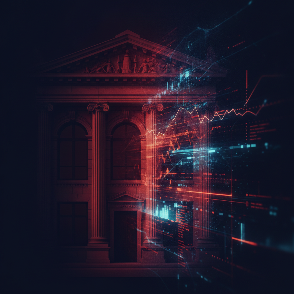 Classical bank building blending into a modern digital trading screen