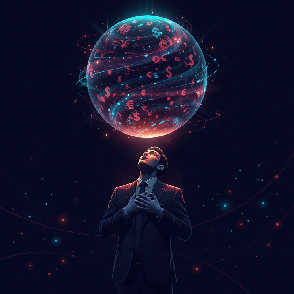 Person looking up at a giant holographic globe of currency data