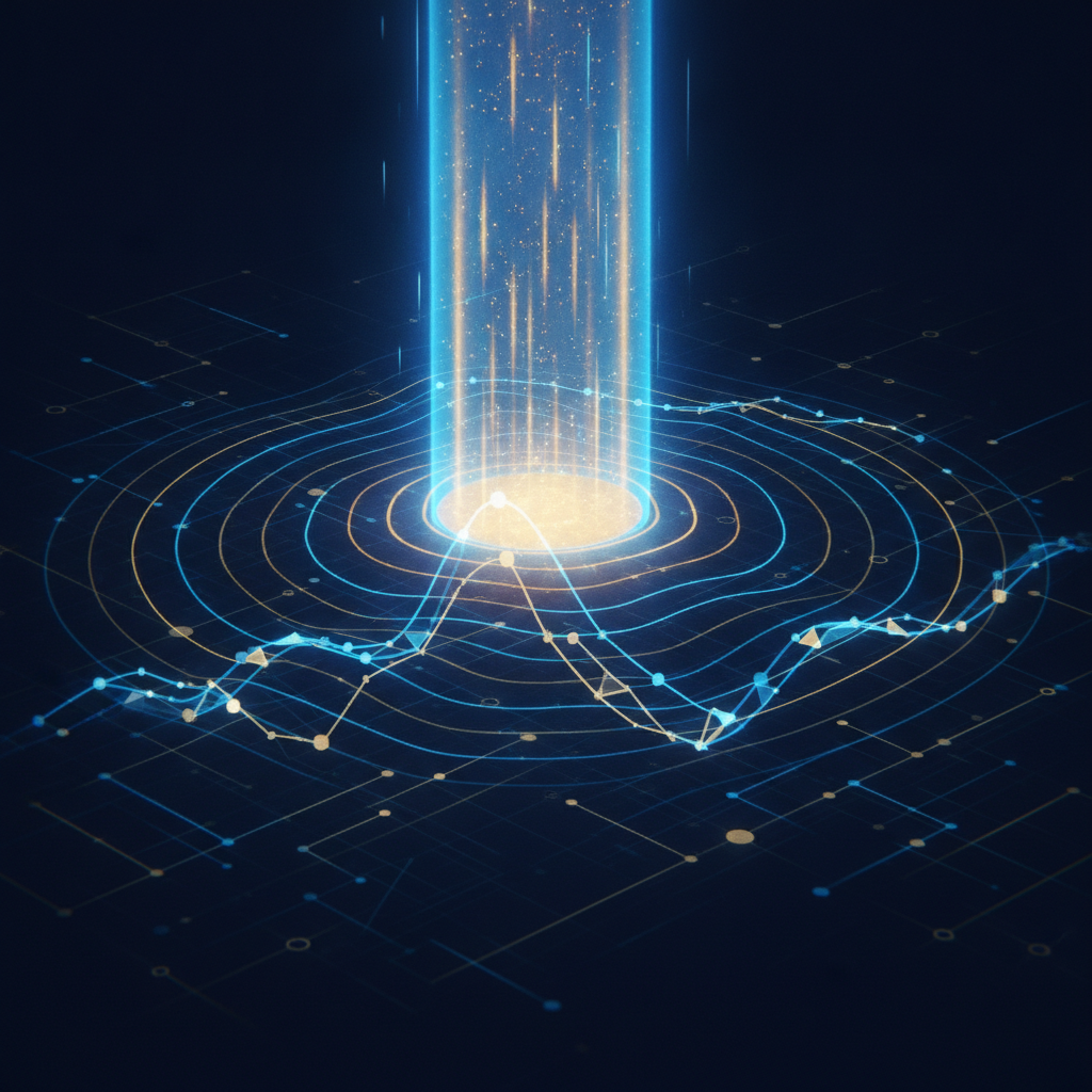 Glowing pillar radiating influence across a forex chart