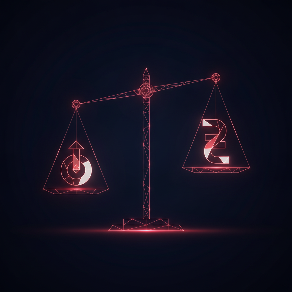 Glowing scale balancing two currency symbols in navy and red tones