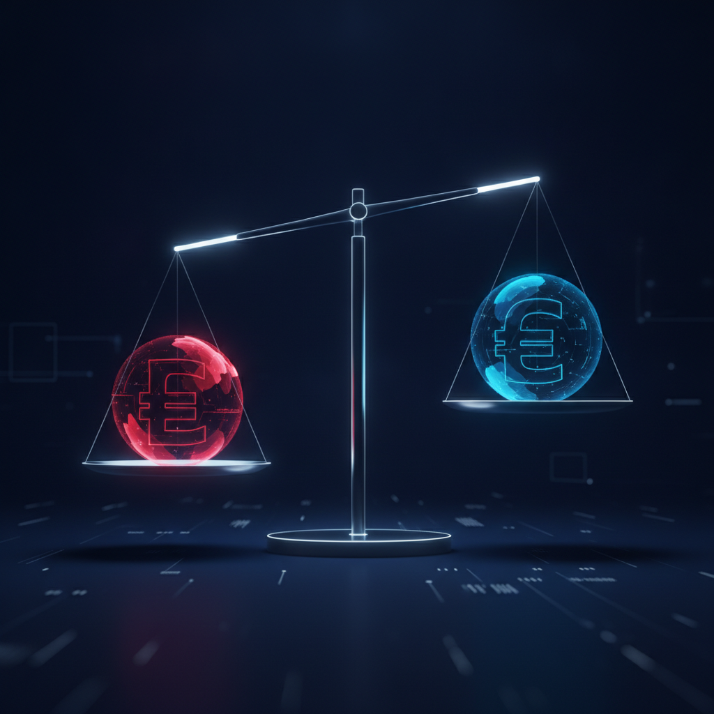 Illustrated scale balancing two glowing currency symbols