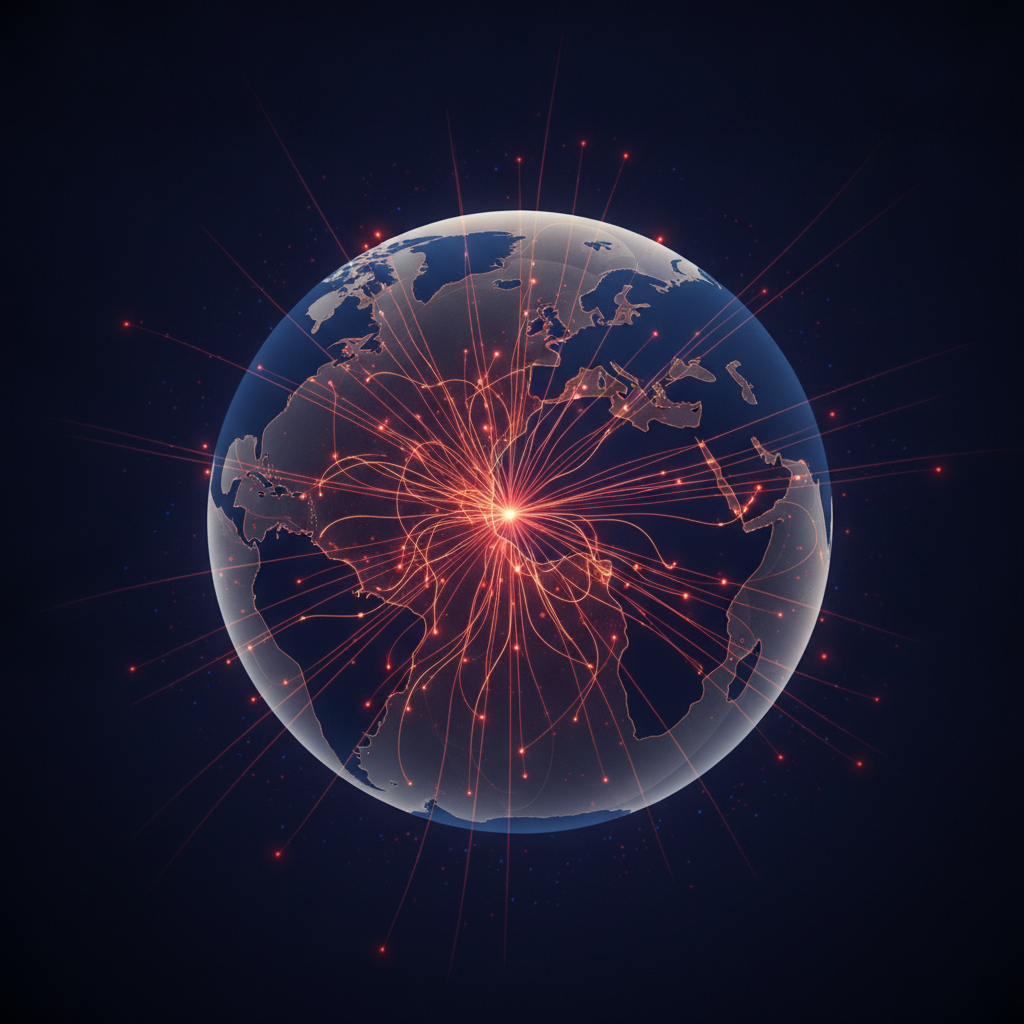 Glowing network expanding from a point to cover the globe representing forex growth