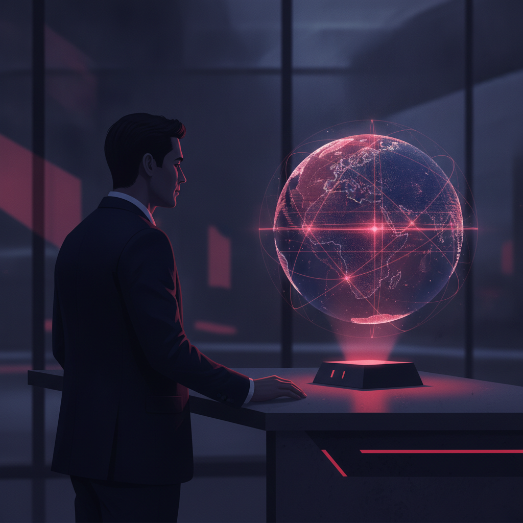 Person viewing a rotating holographic globe of connections