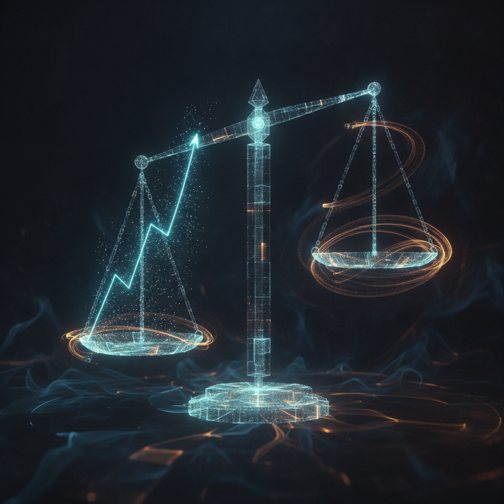 Illustrated glowing scale balancing interest rate levels against a rising currency chart line