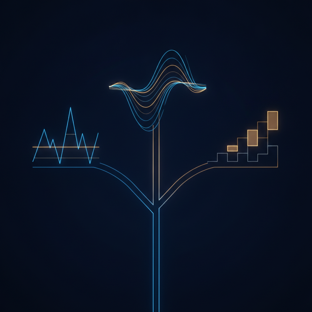 Glowing decision path branching toward different currency pair options