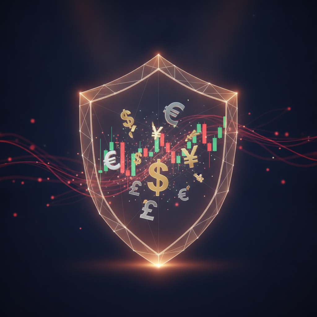 Protective shield surrounding forex candlestick charts and currency symbols representing trading safety