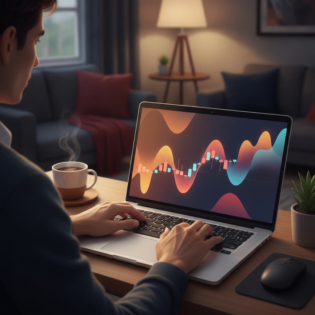 Trader calmly managing risk on a laptop showing a forex chart at home