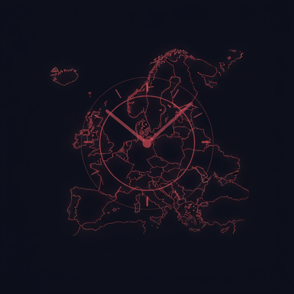 Glowing clock over European map outline in navy and red tones