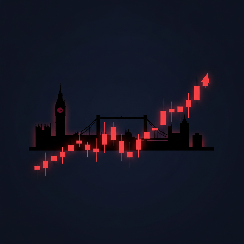 Illustrated London skyline silhouette with glowing forex trading chart overlay
