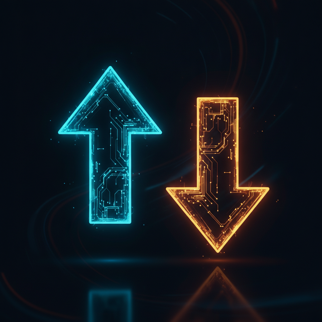 Illustrated two glowing forex chart arrows, one pointing upward and one pointing downward, representing long and short positions