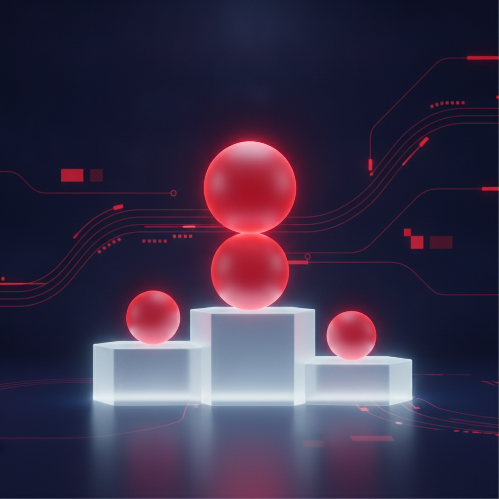 Illustrated ranking podium with glowing currency symbol orbs