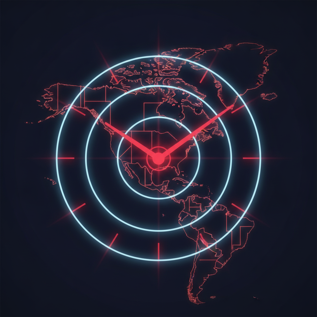 Glowing clock over North American map outline in navy and red tones
