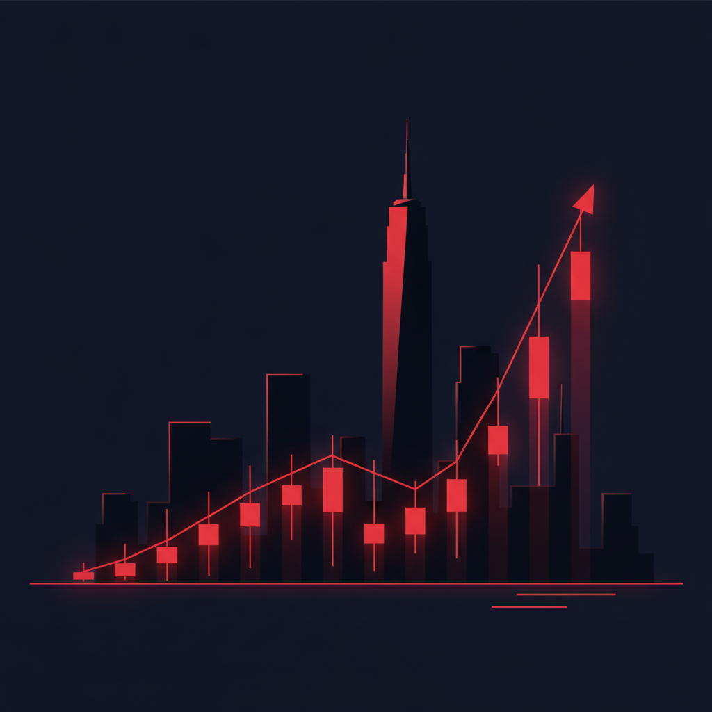 Illustrated New York city skyline silhouette with glowing forex trading chart overlay