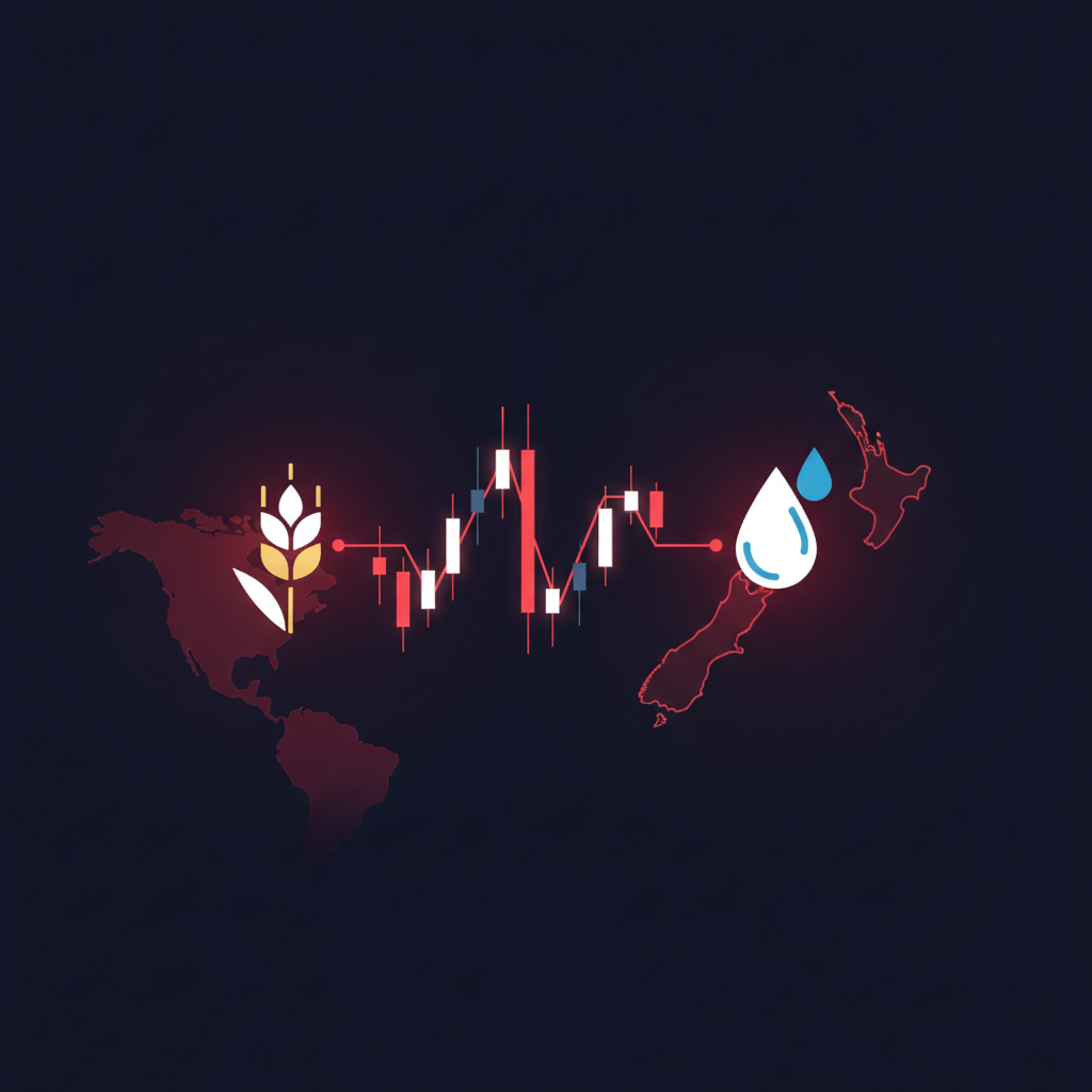 Glowing forex chart connecting New Zealand and the United States with an agricultural icon