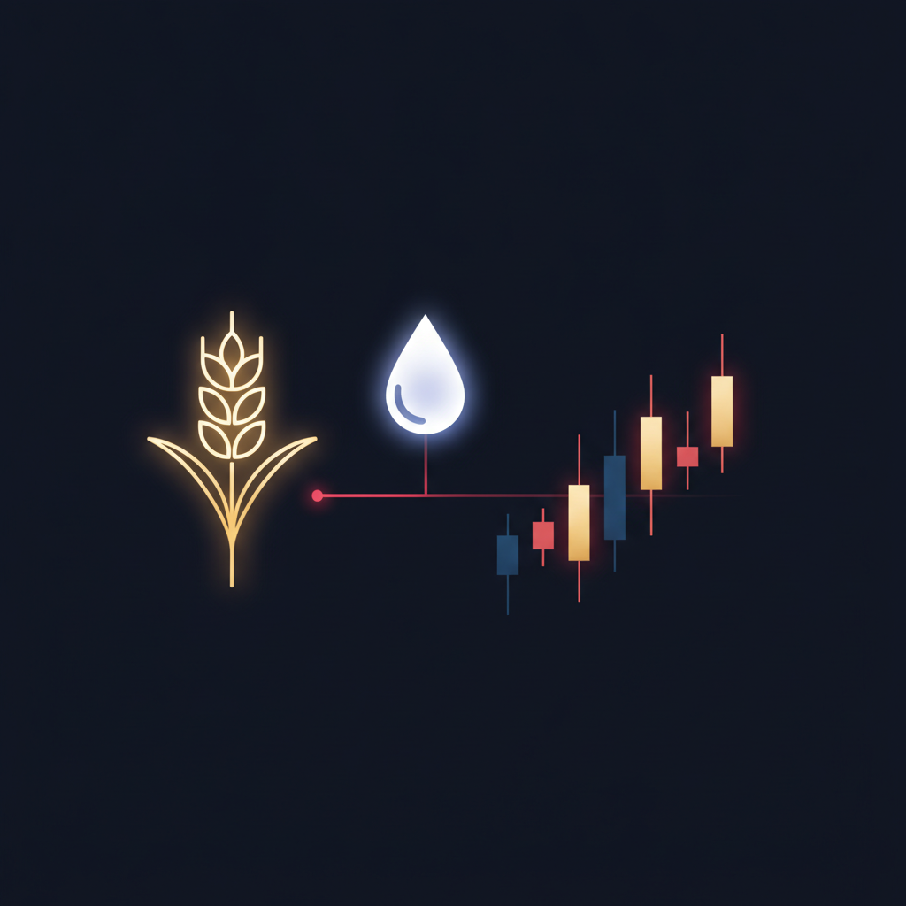 Illustrated glowing wheat and dairy icon connected by a forex chart line to New Zealand and the United States