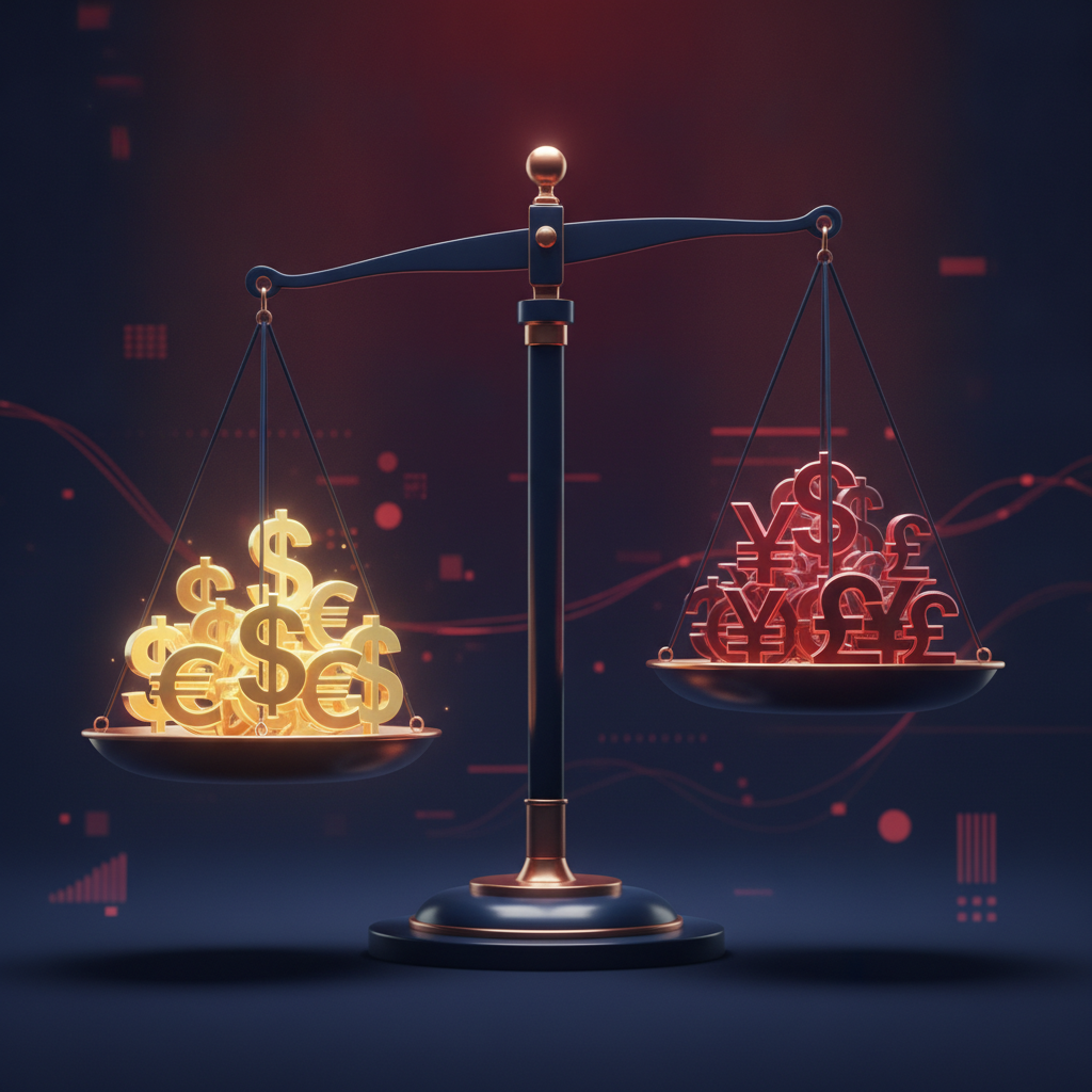 Balance scale with currency symbols representing supply and demand
