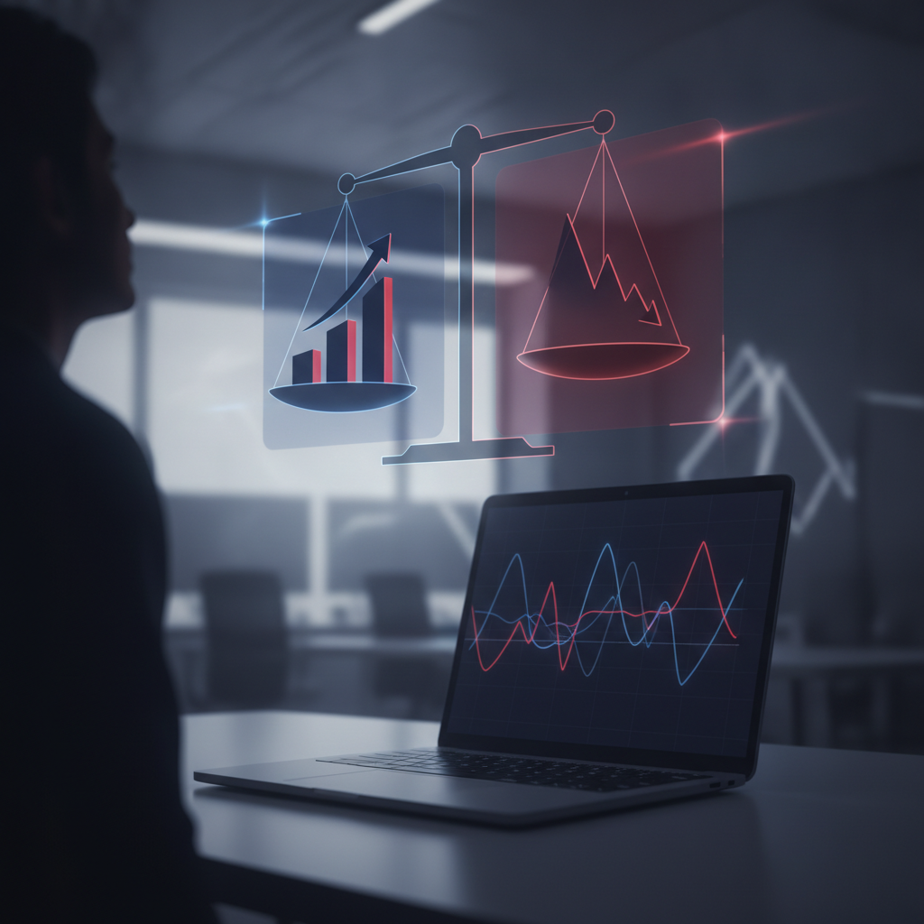 Person visualizing a balance scale hologram over a chart