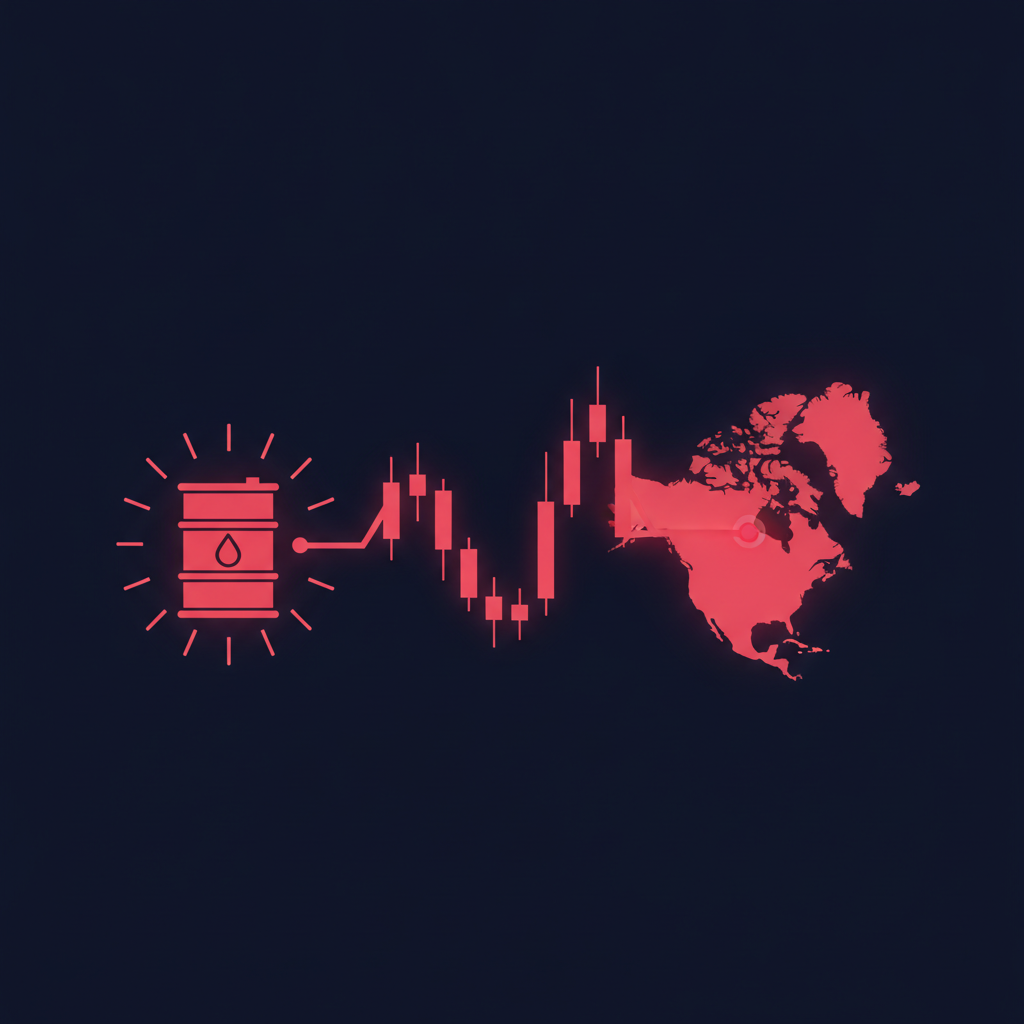 Glowing forex chart connecting Canada and the United States with an oil barrel icon