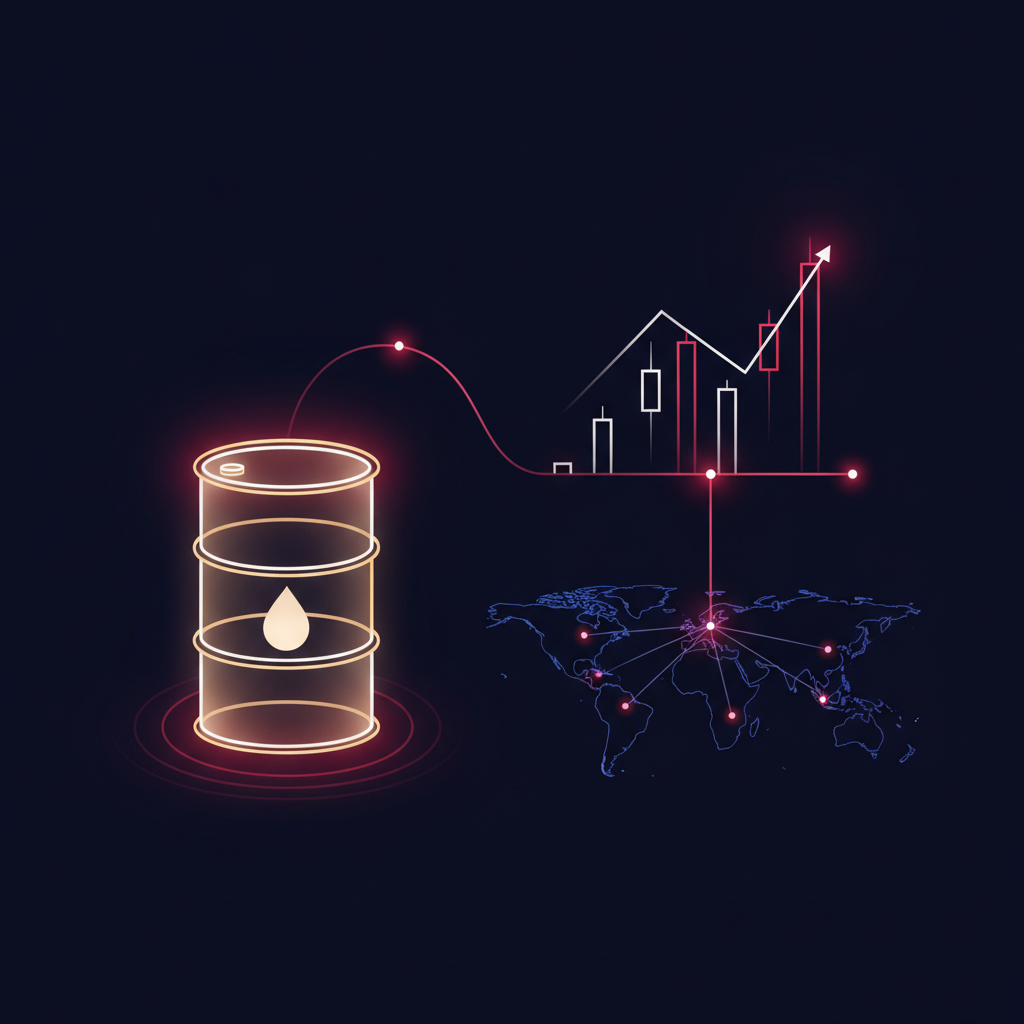 Illustrated oil barrel connected by a glowing forex chart line to Canada and the United States