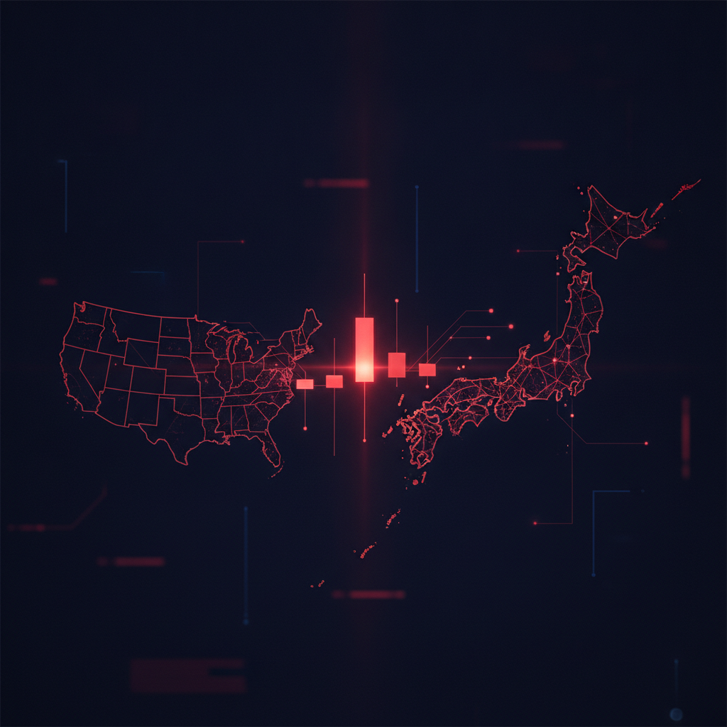 Illustrated glowing candlestick chart connecting American and Japanese abstract map outlines