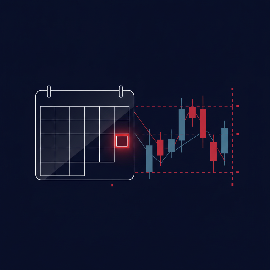 Illustrated calendar with glowing highlighted weekend days and a paused trading chart