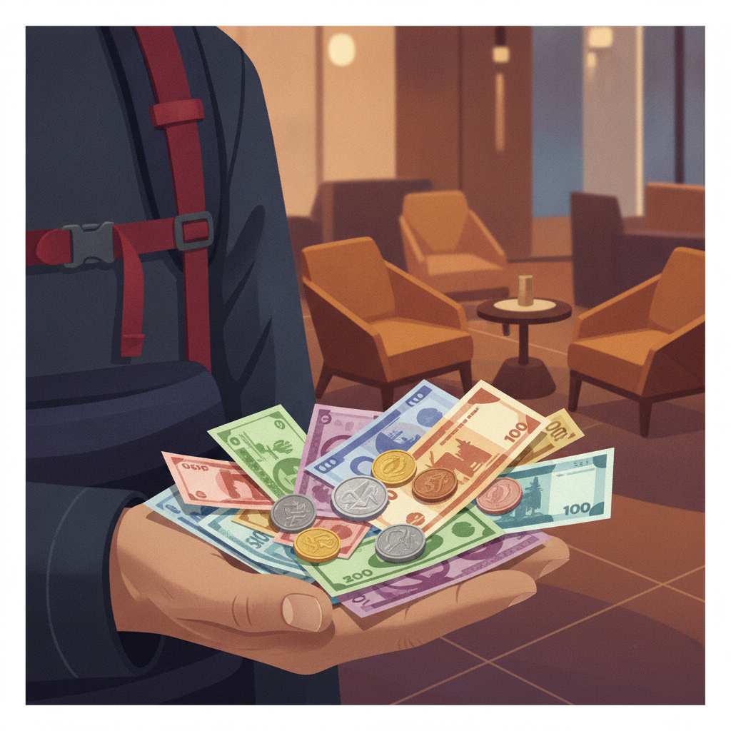 Traveler holding various world currency notes and coins