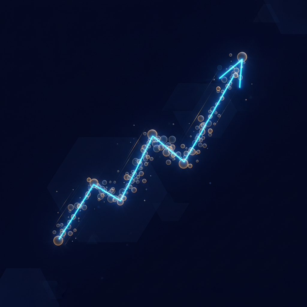 Glowing basket of currency orbs forming a single index chart line