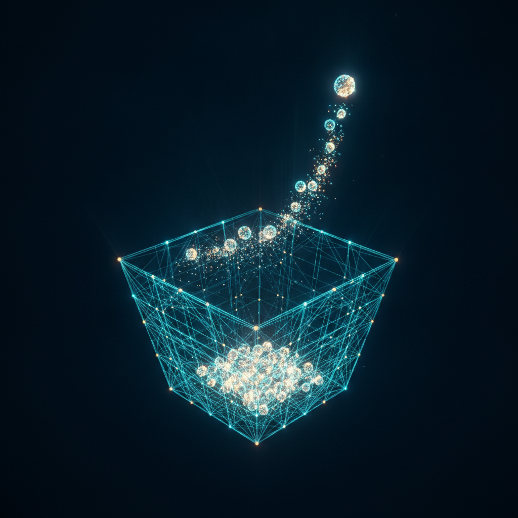 Illustrated glowing basket of currency orbs combined into a single index line on a forex chart