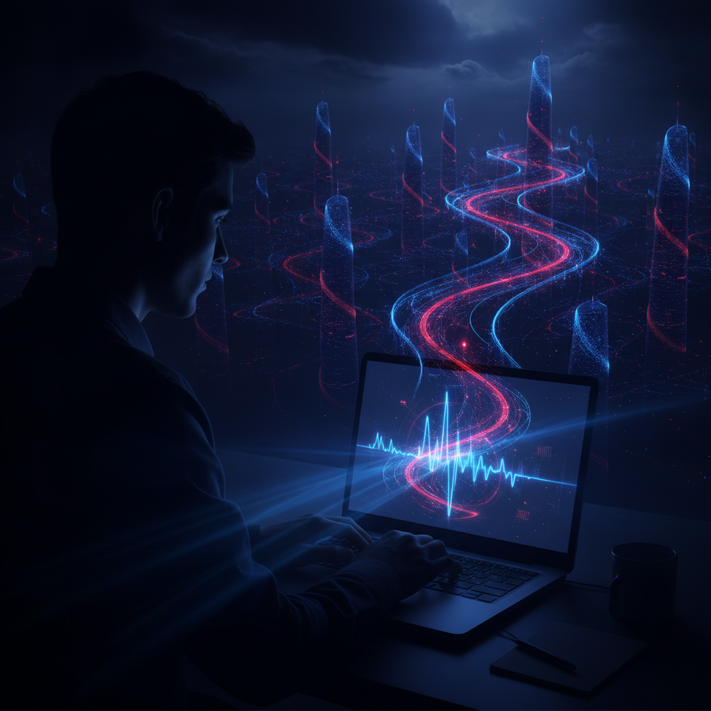 Person on a laptop connected to a distant network of towers